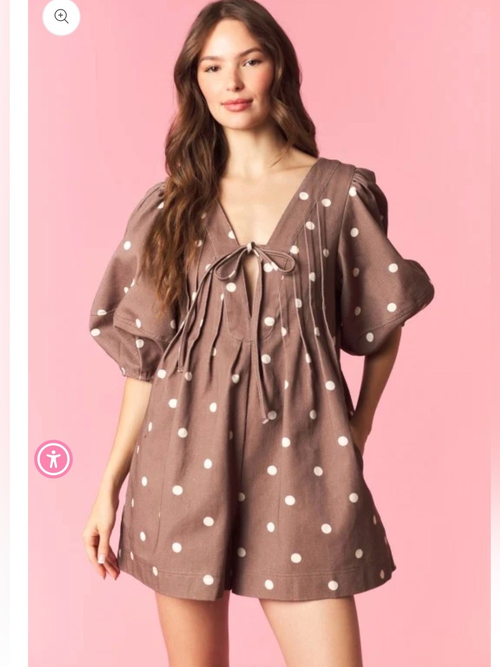 Peach Love California Polka Dot Denim Tie-Front Romper in Mocha